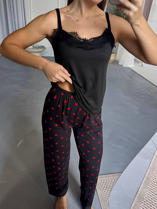 Женский домашний комплект четверка: брюки + майка + шорты + халат коттон Черный, 42/44 Одесса - изображение 5