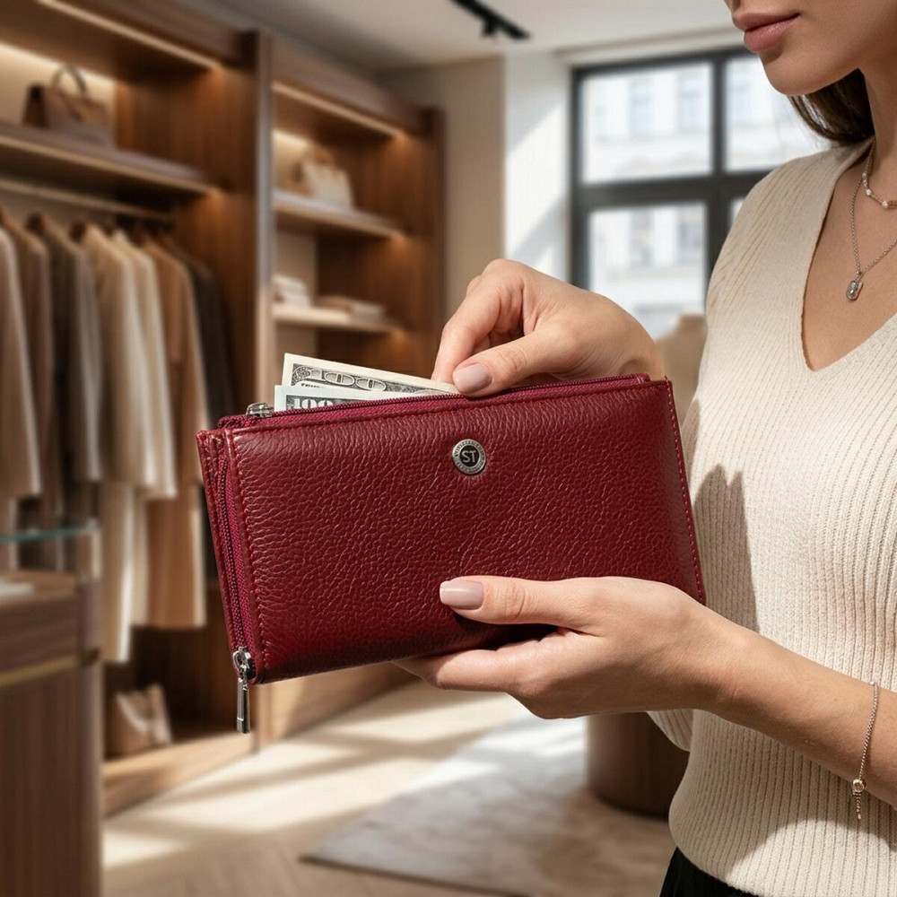 Горизонтальний тонкий гаманець зі шкіри жіночий ST Leather 19326 Бордовий Київ - фото 12