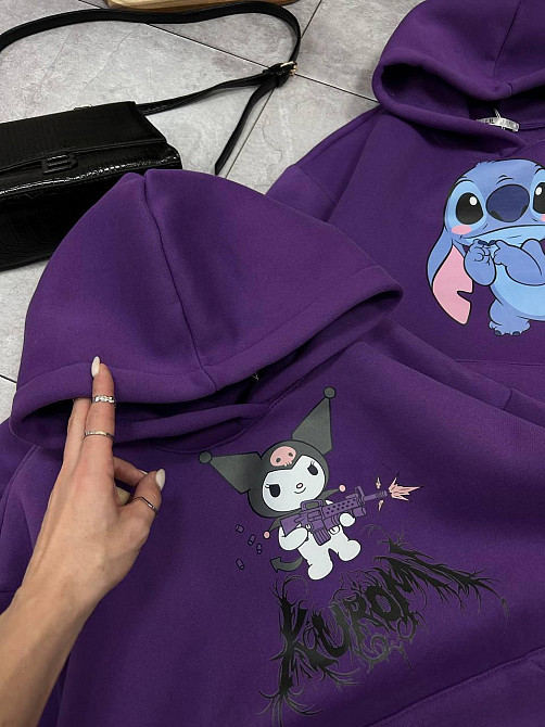 Жіноче затишне тепле худі оверсайз із милим принтом тринитка Тедді + тринитка з начосом пеньє Фіолетовий 2 Одеса - фото 2