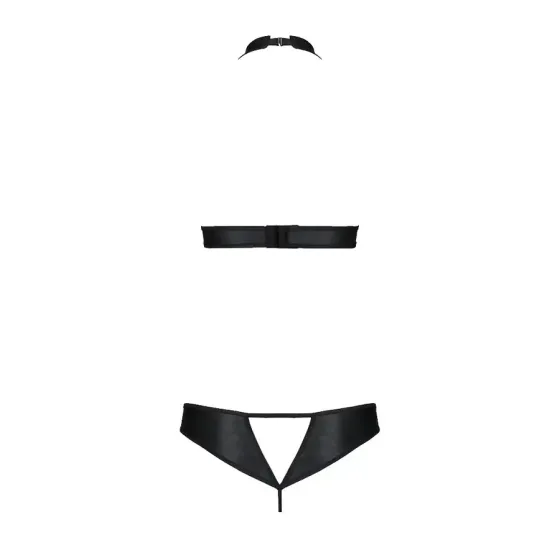 Комплект із екошкіри Passion MALWIA SET with Open Bra 6XL/7XL black, топ та трусики з люверсами Львів