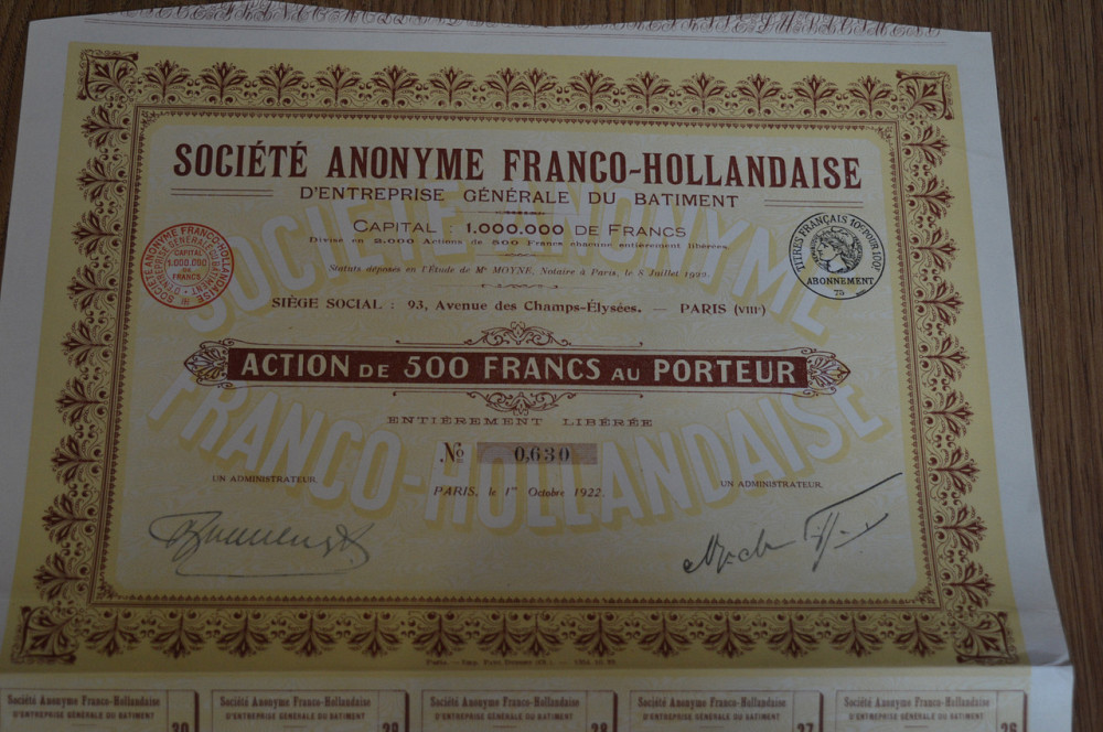 Акція. Societe ANONYME FRANCO-HOLLANDAISE. 1922 рік (51) Полтава - фото 1