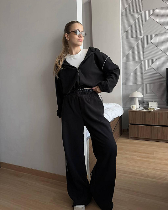 Жіночий теплий прогулянковий костюм: кофта та штани двосторонній фліс Чорний, 46/48 Одеса - фото 1