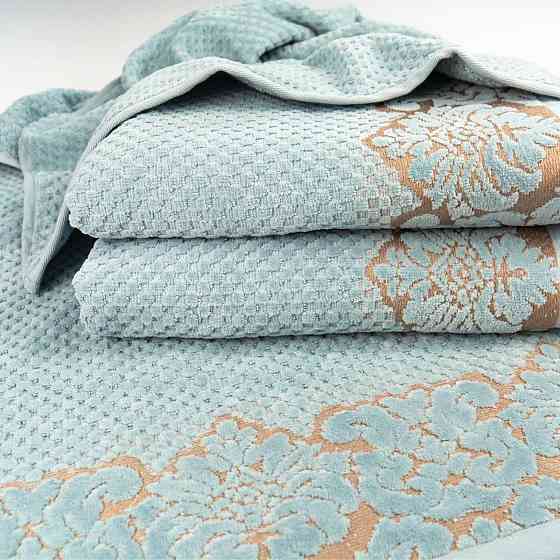 Набор махровых полотенец 2шт 50x90см, 70x140см Damask Премиум качества Жаккардовое с велюром 550г/м2 (Мятный) Сумы