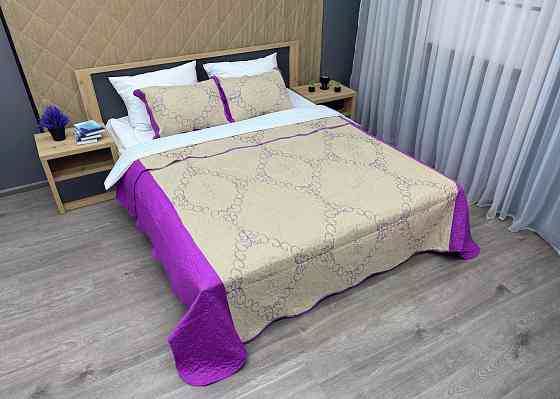 Покривало стьобане з наволочками Expo Trade 220x220 (+-10 см) бежевий з лавандовим (85-164) Київ