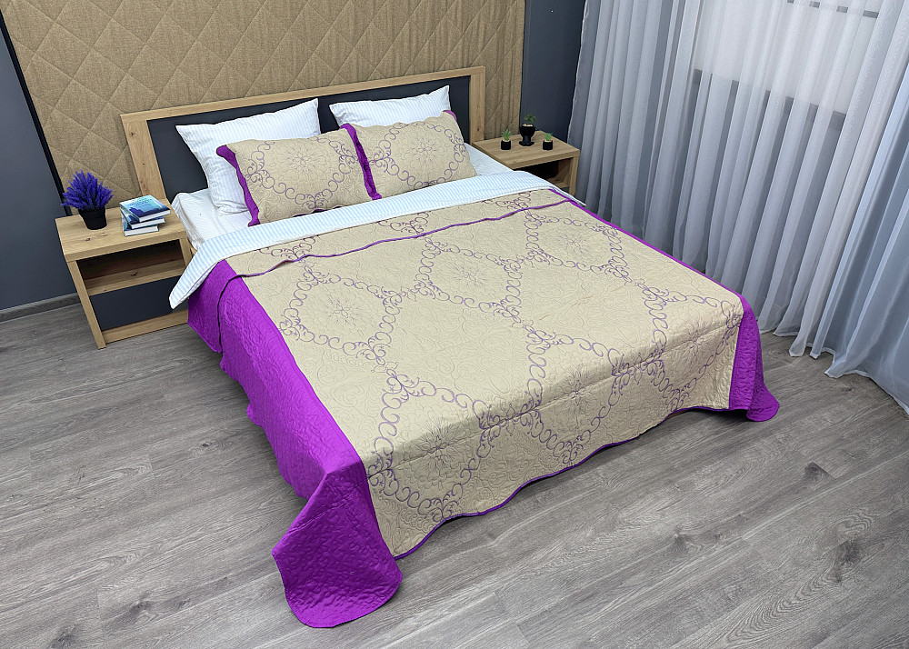 Покривало стьобане з наволочками Expo Trade 220x220 (+-10 см) бежевий з лавандовим (85-164) Київ - фото 3