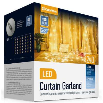 Гирлянда ColorWay Штора занавес 3 x 2 м 240 LED USB теплый цвет (CW-GW-240L32U) Винница - изображение 1