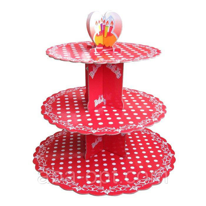 Стенд триярусний картонний круглий для капкейків червоного кольору з горошком (шт) Одеса - фото 1