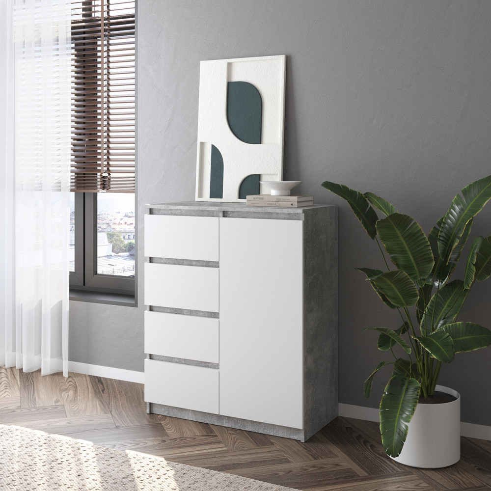 Комод VAYS, сучасний, з полицями, 4 шухляди, без ручок R-32 Бетон-Білий фасад Львів - фото 1