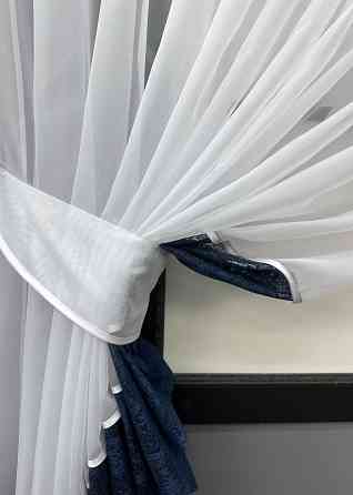 Кухонные шторки VR-Textil № 101к с подвязками белый с синим 310х170 см (52-1181) Киев