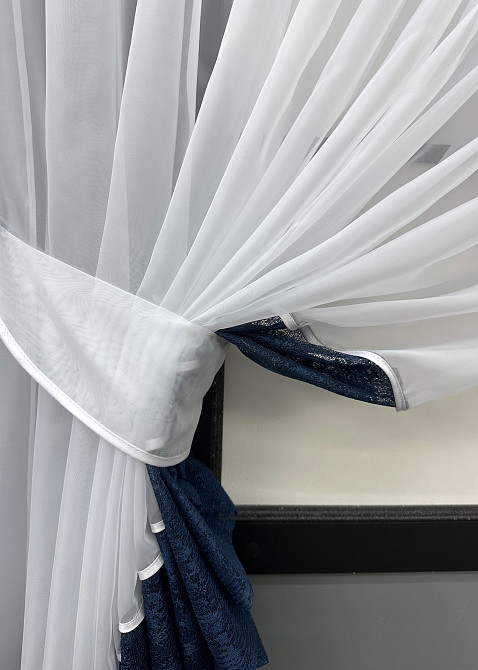 Кухонные шторки VR-Textil № 101к с подвязками белый с синим 310х170 см (52-1181) Киев - изображение 5