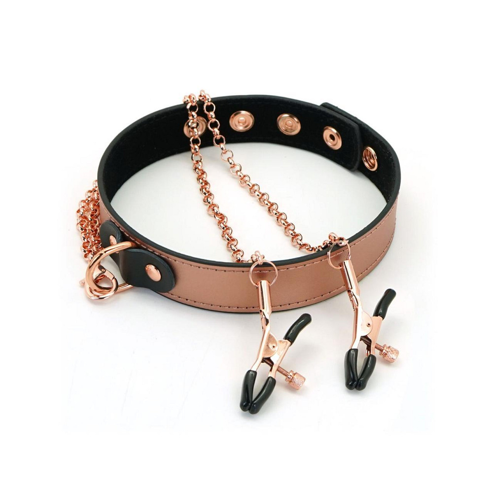 Нашийник із затискачами для сосків Liebe Seele Rose Gold Memory Collar with Nipple Clamps, шкіра Sex Aura Київ - фото 1