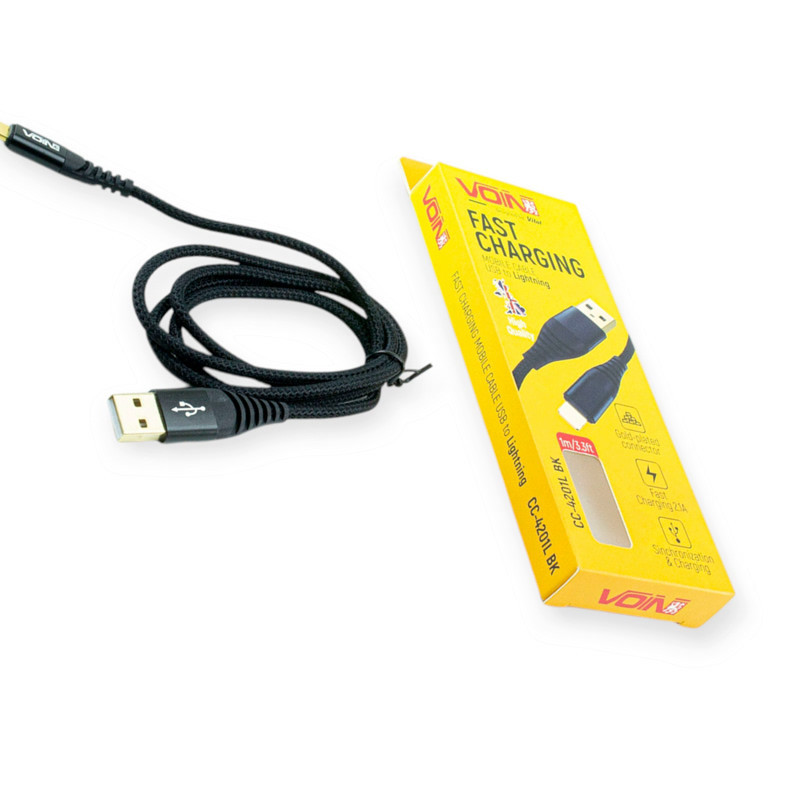 Кабель для заряджання USB - iPhone, 1м, 3.0А чорний, круглий кауч. обплетення, позолоч, роз'єми Мукачево - фото 1