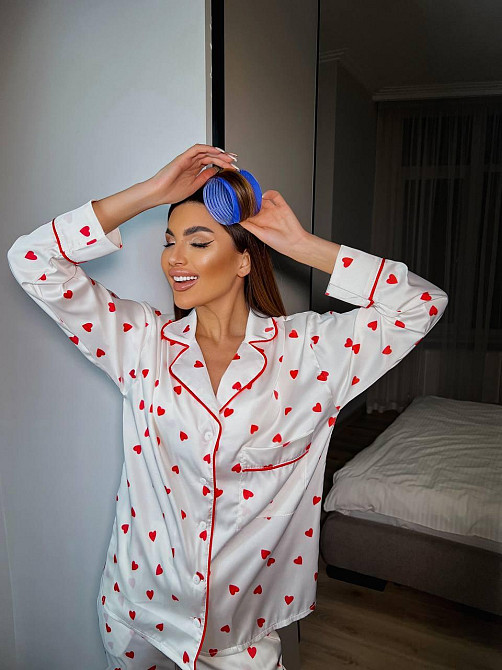 Женская пижама двойка с сердечками из шелка армани Белый, 52/54 Одесса - изображение 3