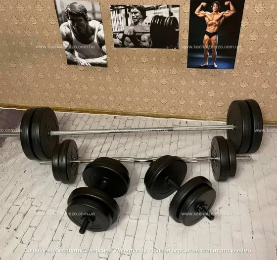 Скамья для жима + 4 грифа + блины общий вес 75 кг Гантели, гири, штанги и диски АВС пластик комплект Киев