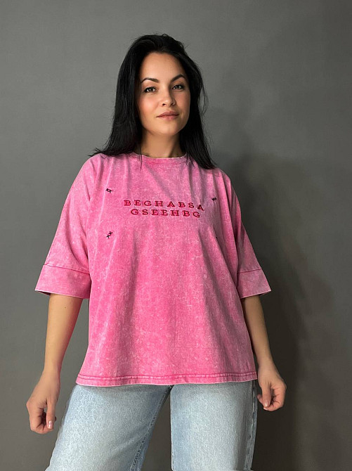 Футболка женская A-N 26028 тай-дай оверсайз с вышивкой, розовый, one size Киев - изображение 16