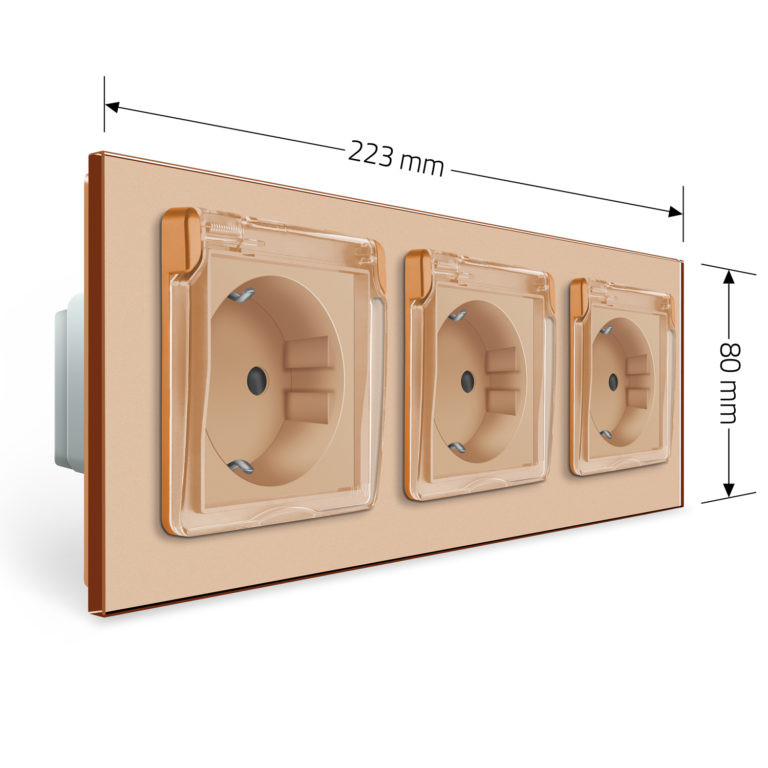 Потрійна електрична розетка вологозахисна з кришкою IP44 з заземленням, LIVOLO, золота, скляна рамка, шторки, 250В 16А (VL-C7C3EUWF-13) Коломыя - изображение 3