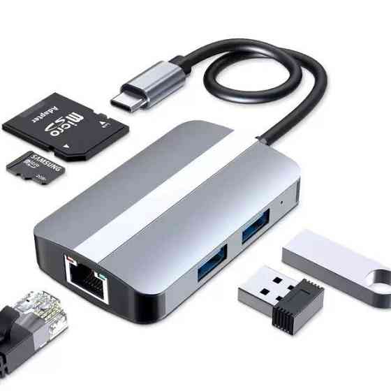USB 3.0 Type-C адаптер RJ45 Ethernet LAN + хаб 2x USB 2.0/3.0, кардрідер SD/TF універсальний Київ