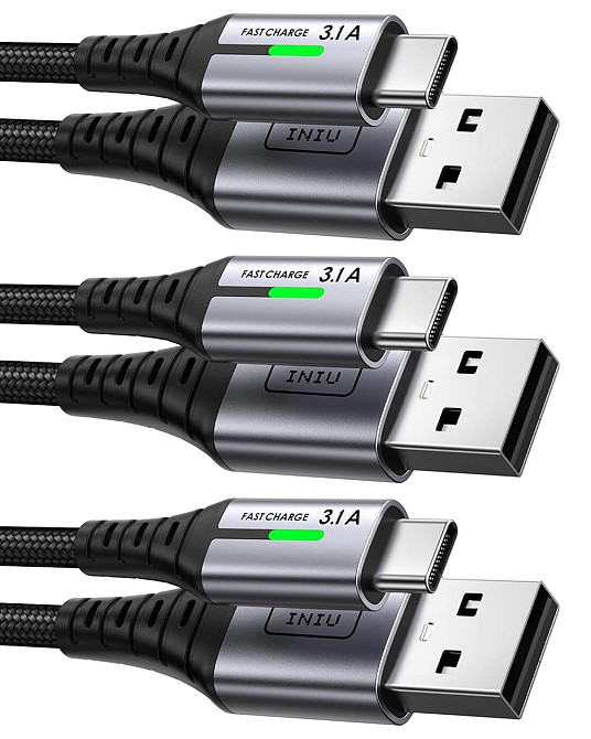 Кабель INIU USB-A→USB-C 3 шт (2м+2м+0,5м) чорний нейлоновий плетений 3.1A PD 480Mbps LED швидка зарядка Київ - фото 1