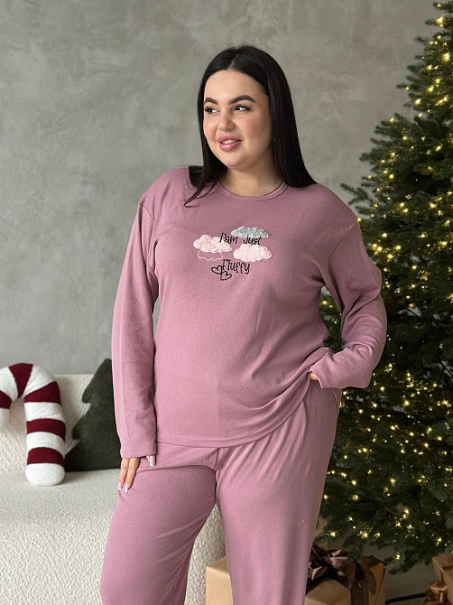 Піжама жіноча великого розміру штани та лонгслів батал PLUS SIZE з вишивкою для дому та сну з довгими рукавами рожева 3XL Одеса - фото 5