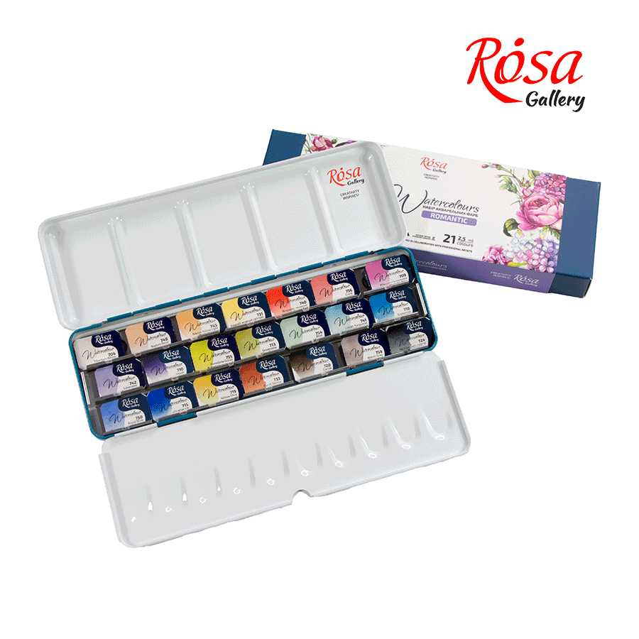 Набор акварельных красок ROMANTIC металлический пенал Бирюза 21кол х 2,5мл кювета ROSA Gallery Киев - изображение 3