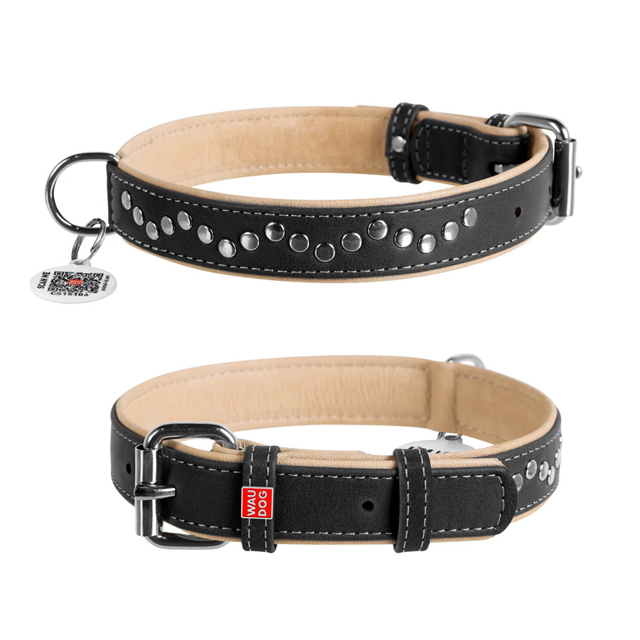 Нашийник для собак шкіряний WAUDOG Soft з QR паспортом, металічні прикраси, Ш 25 мм, Дов 38-49 Коломыя - изображение 1