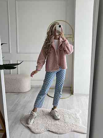 Женская укороченная куртка-рубашка из мягкой овчины Тедди Пудра Одесса