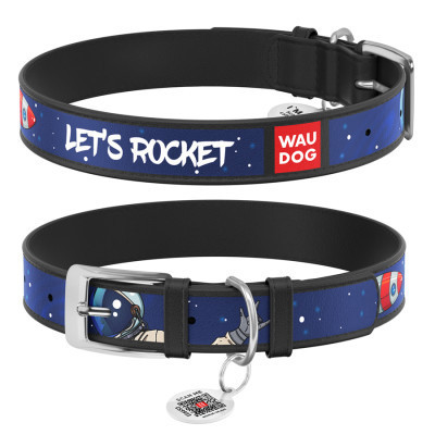 Ошейник для животных WAUDOG Design с QR паспортом "Космос. Ракета" L Ш 25 мм Д 37-48 см черный (0025-0125-01) Винница - изображение 1