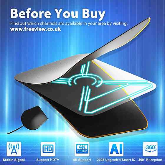 Внутренняя ТВ антенна с усилителем сигнала и магнитным основанием для 4K/1080P совместима со всеми ТВ Киев