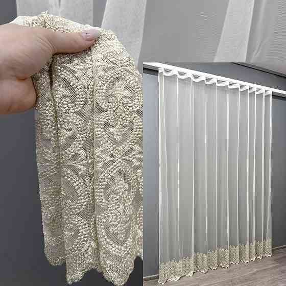 Тюль VR-Textil 1633т Грек-сетка с вышивкой и люрексом цвет Молочный с бежевым 300х270 см (42-0594) Киев