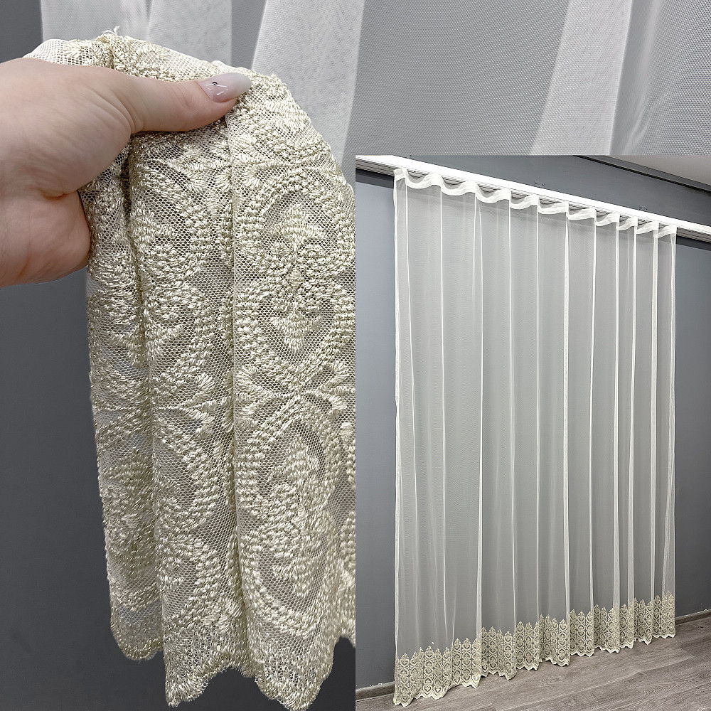 Тюль VR-Textil 1633т Грек-сітка з вишивкою та люрексом колір Молочний з бежевим 300х270 см (42-0594) Київ - фото 1