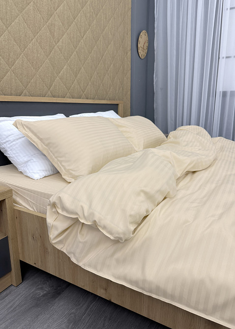 Комплект постільної білизни Страйп-сатин Двоспальний 180х220 з простирадлом на резинці Кремовий (88-102) Київ - фото 8