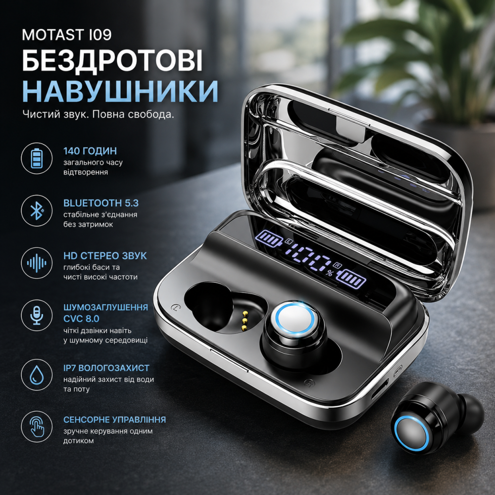 Уцінка: Бездротові навушники Motast I09 Bluetooth 5.3: 140 год звуку, IP7, HD-стерео та шумозаглушення CVC 8.0 Київ - фото 10