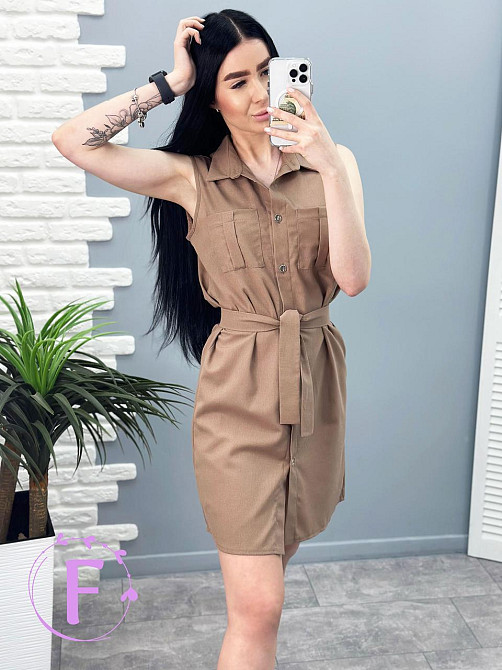 Лляна сукня-сорочка без рукавів "Journey" оптом | Розпродаж моделі Капучіно, 42-44 Київ - фото 4