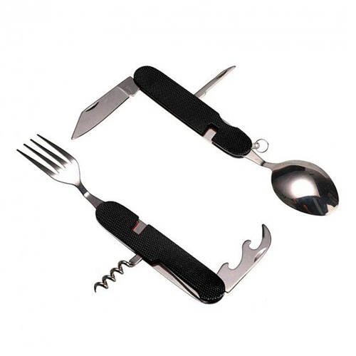Туристический набор столовых приборов 6 в 1, складной нож, ложка, вилка, открывалка, штопор, походный комплект Киев - изображение 3
