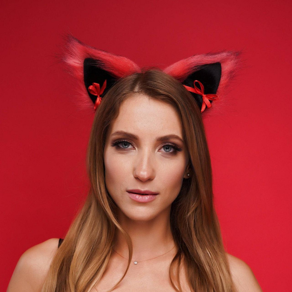 Меховые ушки кошки с бантиком, Красные с черным OKOVA Sex Aura Киев - изображение 4