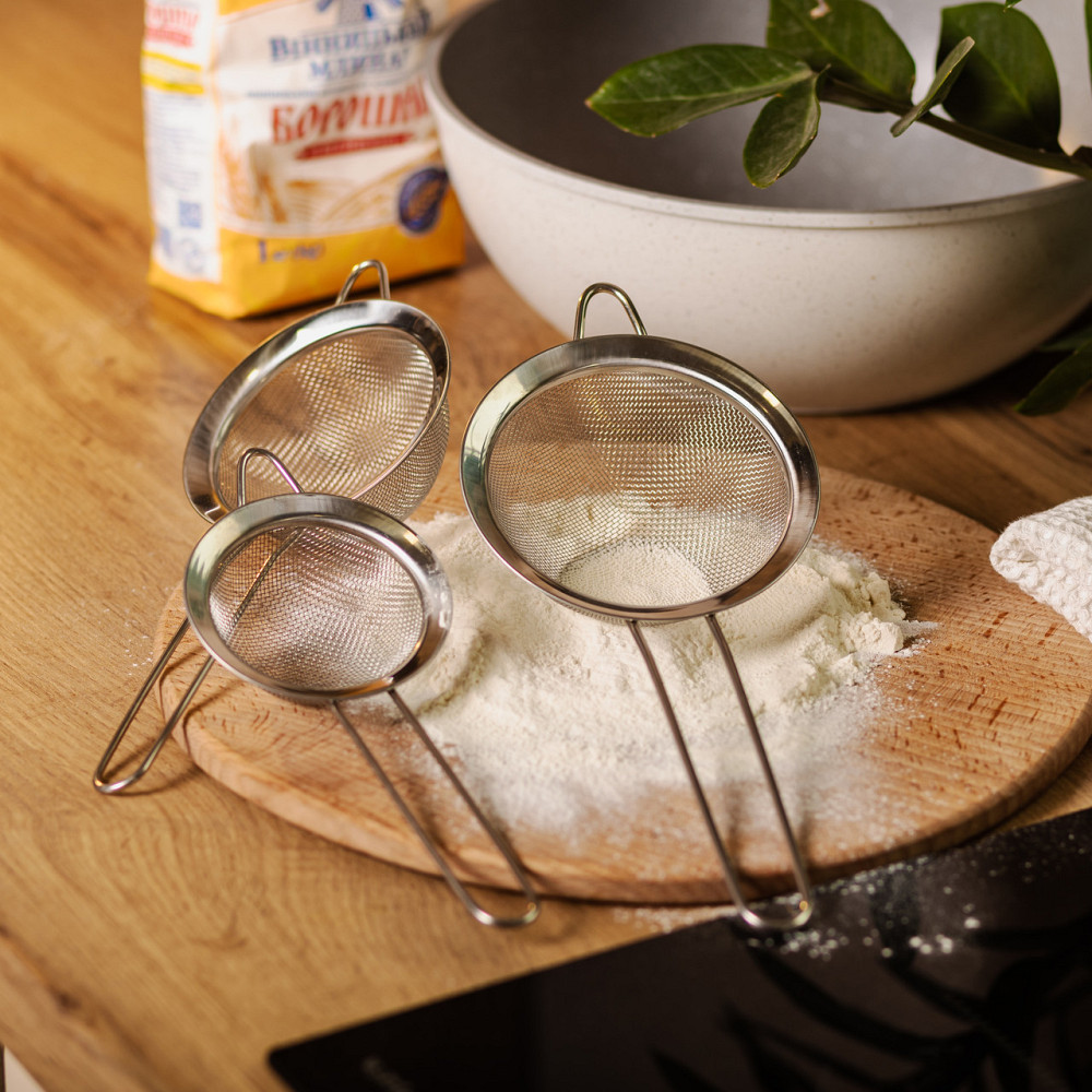 Набір ситечок 3 штуки для чаю, круп і борошна 8,10 і 12 см з нержавіючої сталі Сріблястий HP-19-12 Коломия - фото 6