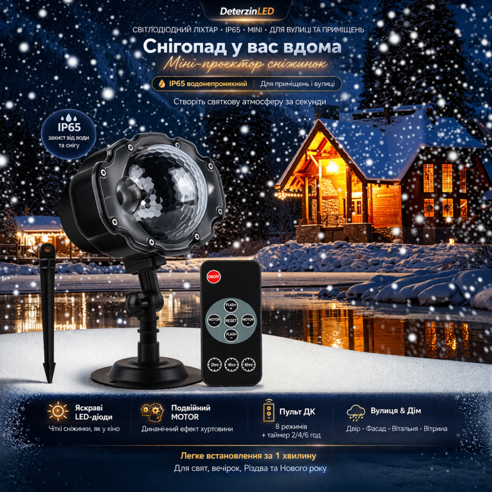 Світлодіодний проектор сніжинок Snowflake Lamp IP65, LED різдвяна ілюмінація для дому та вулиці, пульт, таймер, водонепроникний Київ - фото 1