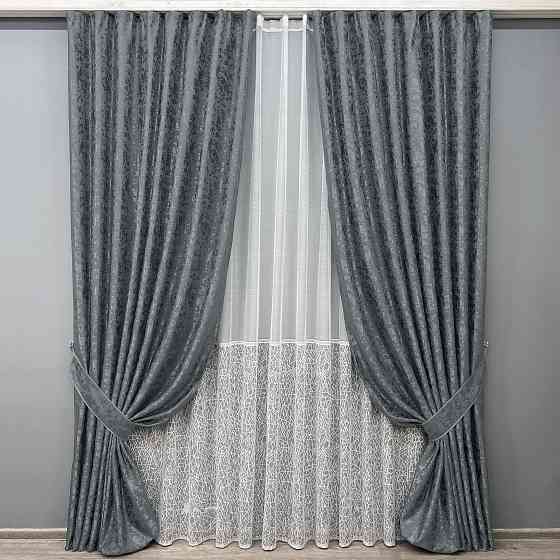 Комплект штор VR-Textil Льон Мармур 150х270 2шт і Тюль 500х270 1262ш-1672т Графітовий з білим 71-165/4 Київ