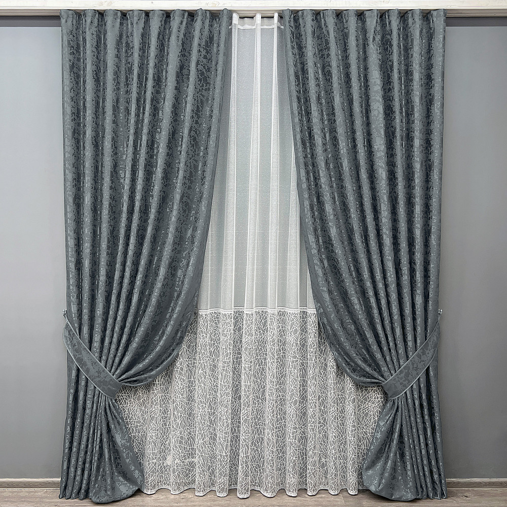 Комплект штор VR-Textil Льон Мармур 150х270 2шт і Тюль 500х270 1262ш-1672т Графітовий з білим 71-165/4 Київ - фото 1