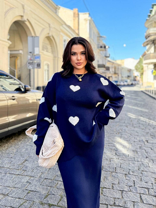 Жіночий теплий костюм-двійка з сердечками дрібне машинне в'язання Темно-синій Одеса - фото 1