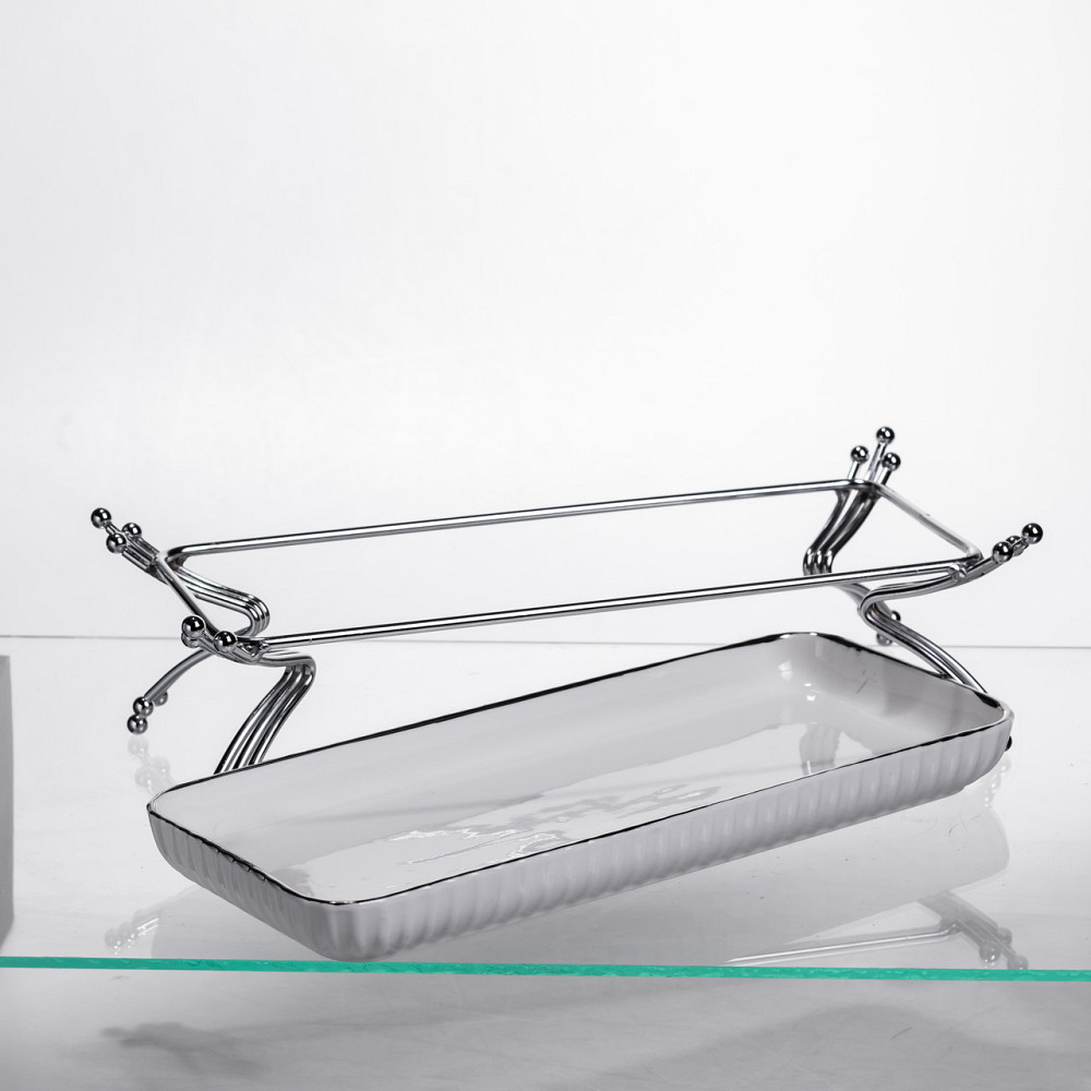 Yiwu Порцелянове блюдо для сервірування на металевій підставці 29,5×12×9 (см) Біле зі сріблом L Коломыя - изображение 4