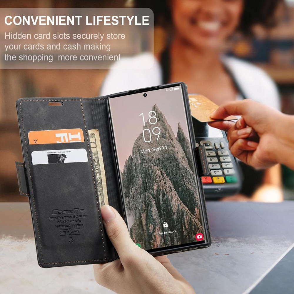 Чехол для телефона Samsung Galaxy S24 Ultra Черный кожаный флип-кейс книжка с подставкой и слотами для карт Киев - изображение 3