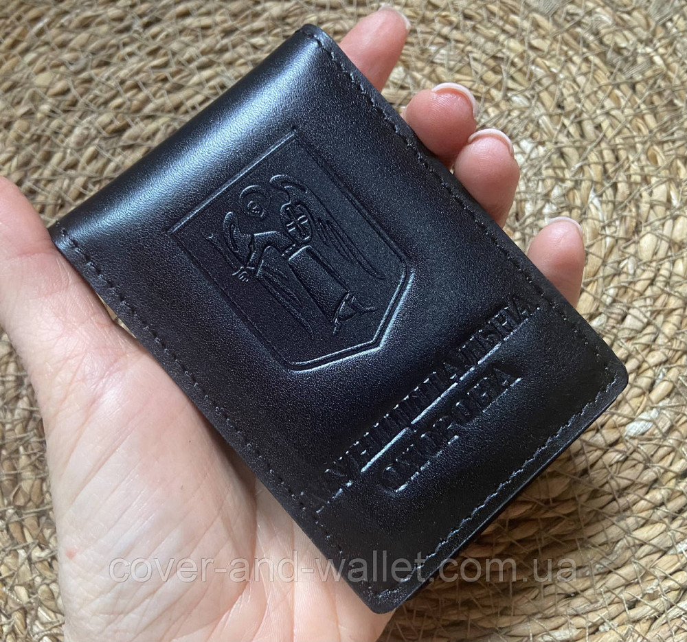 Шкіряна обкладинка на посвідчення "Муніципальна охорона" з відділенням для жетону (на карточку) Київ - фото 1