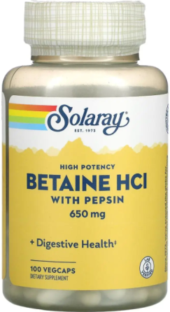 Бетаїн HCl + пепсин Solaray Betaine HCL with Pepsin 650 м 100 вег капс Київ