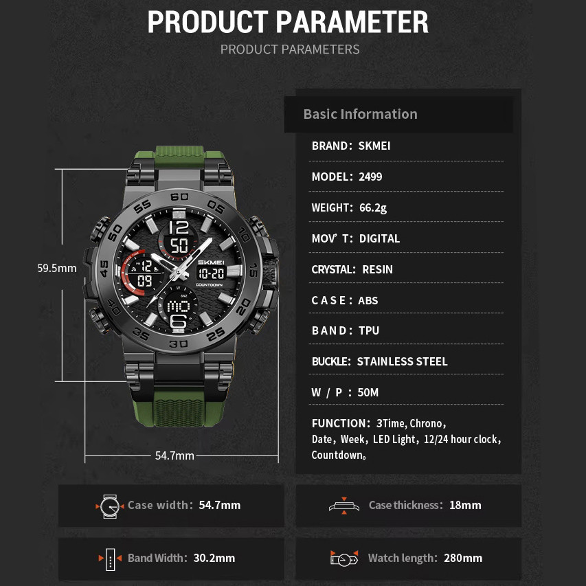 Годинники наручні електронні тактичні SKMEI 2499AG, Військові годинники з підсвічуванням CT-57 Львів - фото 2
