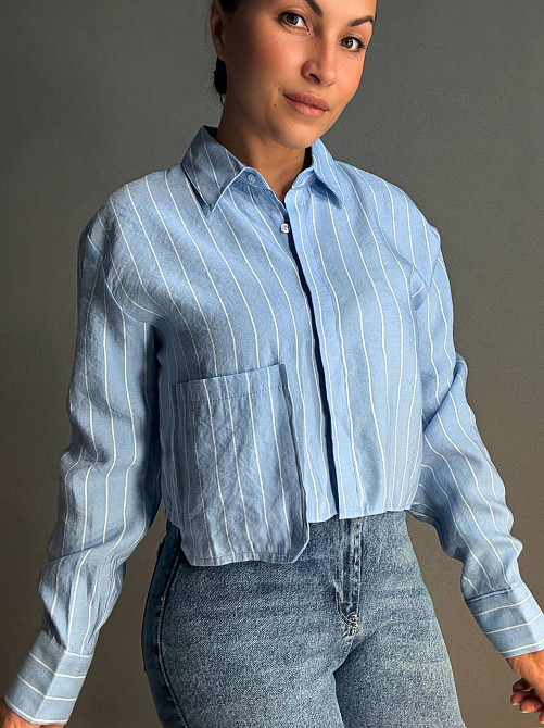 Рубашка женская Mix Ray 4447 укороченная с карманом в тонкую полоску голубая, голубой, S Киев - изображение 15