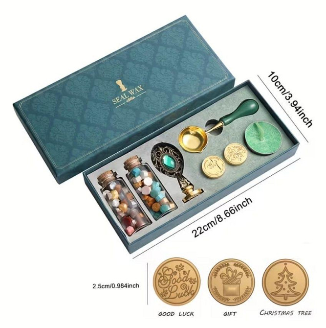 Набор для сургучных печатей с ложкой и сменными штампами, воск в гранулах, подарочный бокс Киев - изображение 3