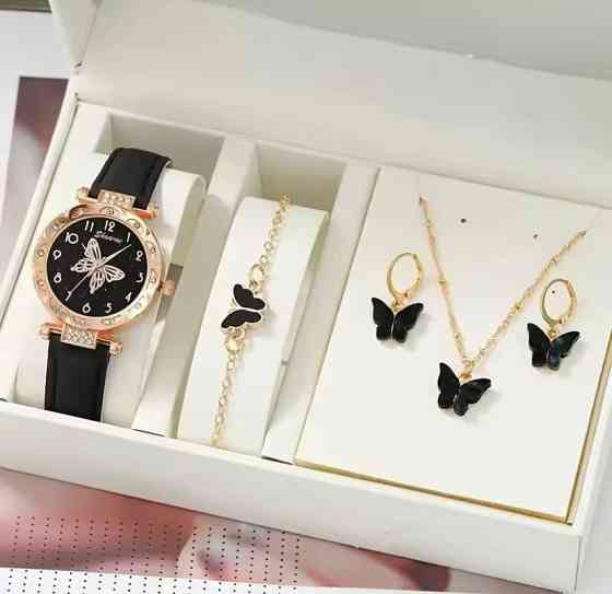Подарочный набор для женщин Бабочка наручные часы браслет ожерелье и серьги без подарочной коробки черный Киев