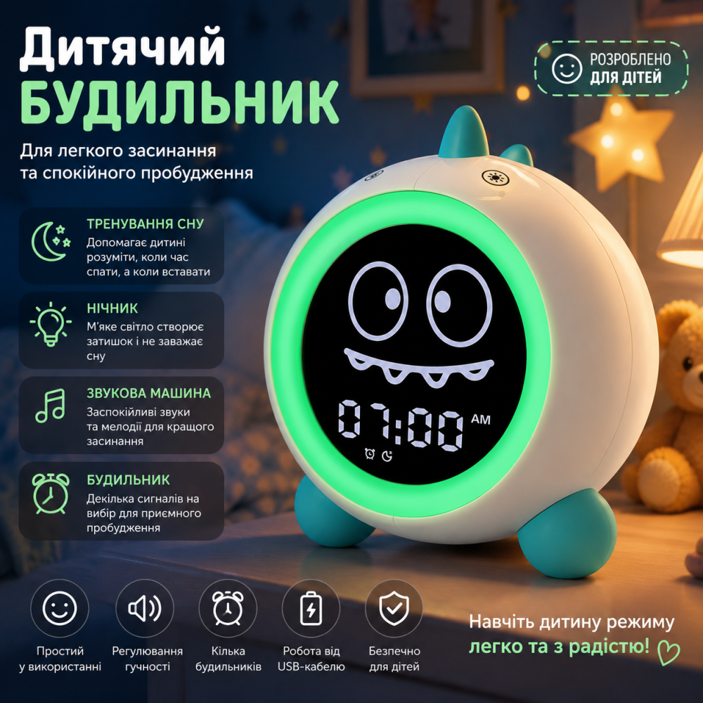 Уценка Детский будильник-тренажер сна Dino 3-в-1: Ночник, Звуковая машина (Белый шум), Часы для малышей. Киев - изображение 1
