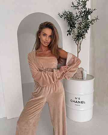 Жіночий плюшевий костюм-трійка: кофта топ і штани з велюру Бежевий, 44/46 Одеса